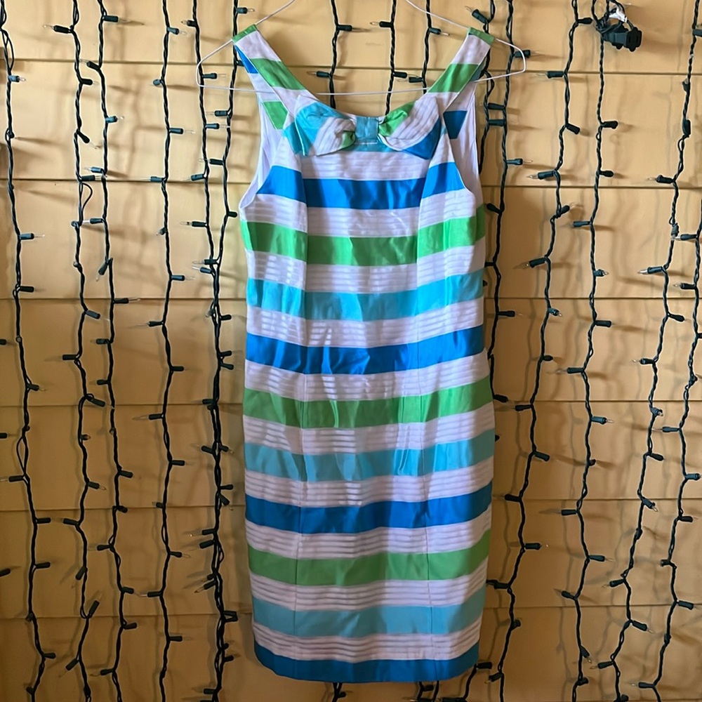 LILLY PULITZER SZ 4 ORGANZA STRIPE BOW DRESS BLUE GREEN WHITE